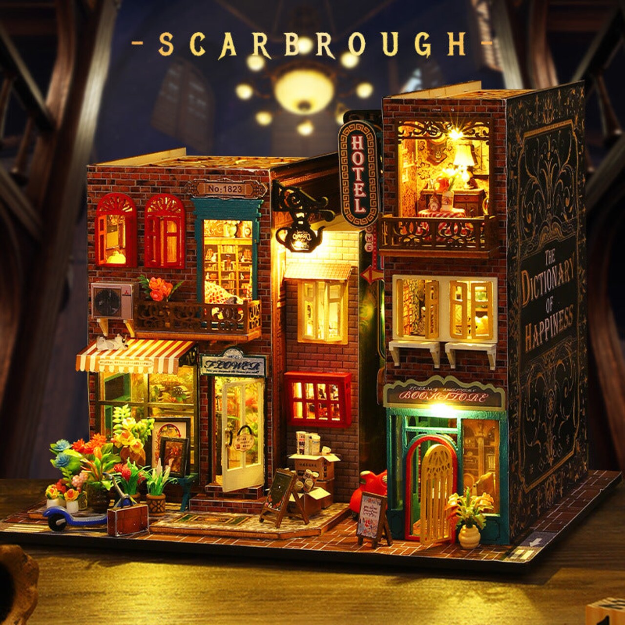 Hotel Scarborough Dollhouse Kit - Miniature Wizardi Roombox Kit with LED Light F07M51-73-ES009-A